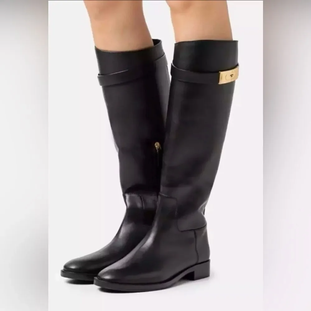 NWOB Tory Burch Calf Leather T-Hardware Tall Riding Boots in Perfect Black sz 6